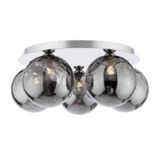 modern flush ceiling light fitting in polished chrome with five dimpled smoked glass shades 