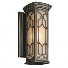 Gothic outdoor wall lantern in bronze with amber tint glass