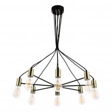 Industrial Bare Bulb Ceiling Pendant | 6 Light | Satin Black with Antique Gold