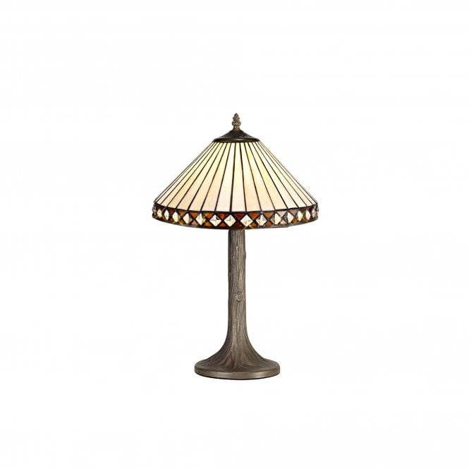 GATSBY 1 Light Tree Like Table Lamp E27 With 30cm Tiffany Shade, Amber/Cream/Crystal Aged Brass