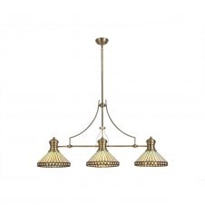 GATSBY 3 Light Linear Pendant E27 With 30cm Tiffany Shade, Antique Brass, Amber, Cream, Crystal