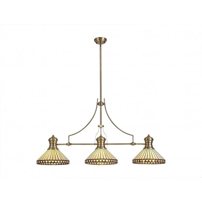 GATSBY 3 Light Linear Pendant E27 With 30cm Tiffany Shade, Antique Brass, Amber, Cream, Crystal