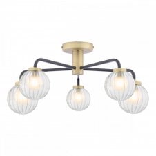 GIBBS Semi-Flush Ceiling Light in Matt Black & Antique Brass with Glass Shades