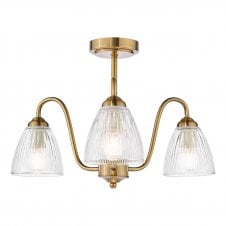 3 light antique bronze semi-flush ceiling light with ribbed glass shades