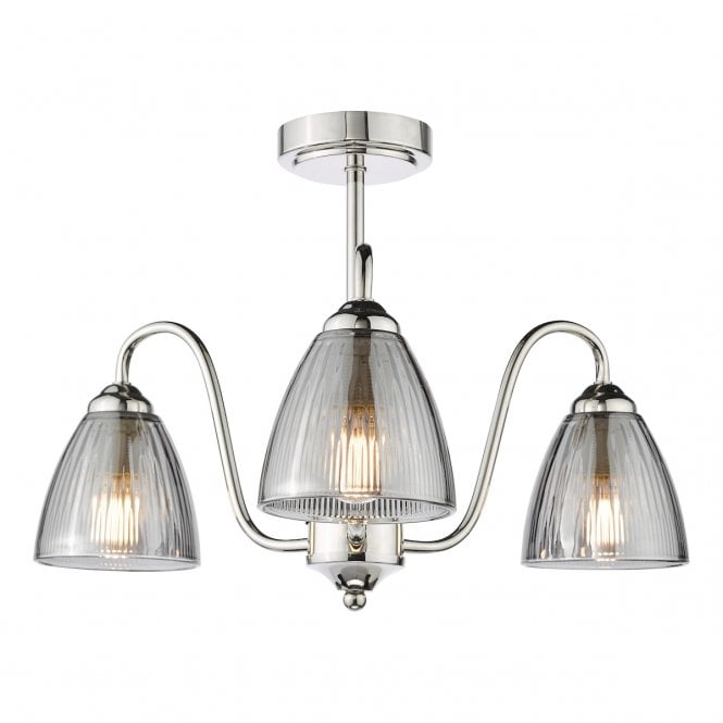 Glynis 3 Light Semi-Flush in Polished Nickel with Smoked Ribbed Glass Shades