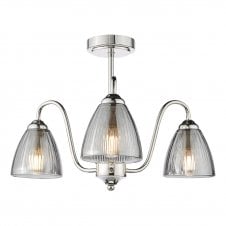 polished nickel semi-flush ceiling light with smoked ribbed glass shades