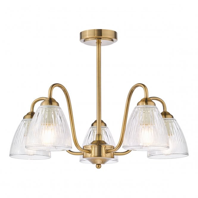 Glynis 5 Light Semi-Flush in Antique Bronze with Ribbed Glass Shades