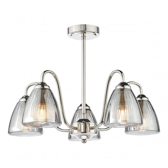 Glynis 5 Light Semi-Flush in Polished Nickel with Smoked Ribbed Glass Shades
