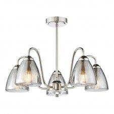 polished nickel semi-flush ceiling light with smoked ribbed glass shades