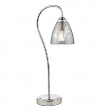 polished nickel table lamp with smoked ribbed glass shade