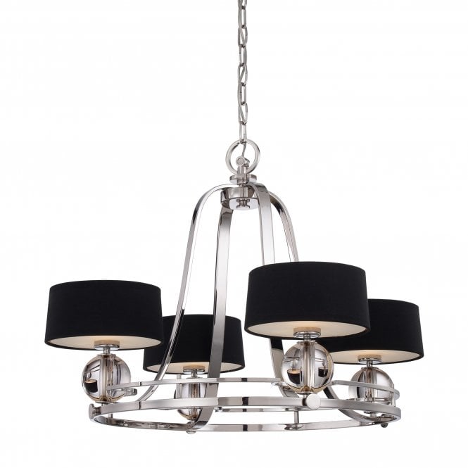 GOTHAM contemporary 4lt chandleier in imperial silver with black shades each with opal glass diffusers