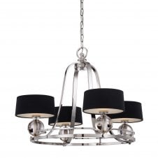 modern 4 light chandelier in silver with black shades and glass detail