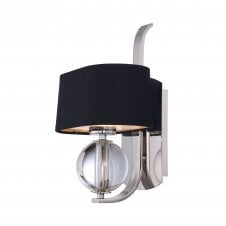 modern silver wall light with black shade and glass detailing