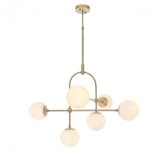 GRACE 6 Light Ceiling Pendant in Antique Brass with Opal Glass
