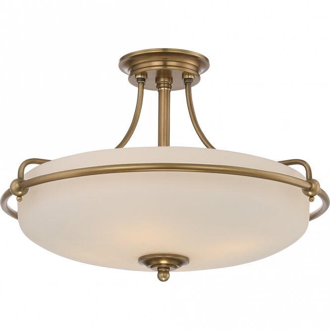 GRIFFIN weathered brass semi flush ceiling light with opal glass