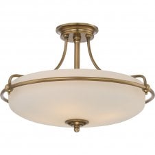 GRIFFIN weathered brass semi flush ceiling light with opal glass