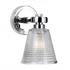 polished chrome LED bathroom wall light with prismatic glass shade