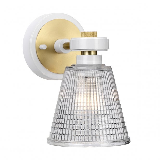GUNNISLAKE white and aged brass bathroom wall light with prismatic glass shade