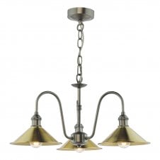 traditional, vintage-inspired three arm pendant light with aged brass shades