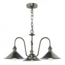 a traditional, vintage-inspired ceiling pendant light with three pewter shades 