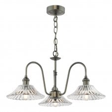 antique chrome and flared glass three-arm ceiling pendant 
