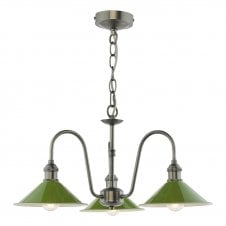 a traditional three arm ceiling pendant light antique chrome with green gloss shades