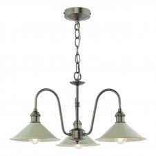 A vintage inspired ceiling pendant in antique chrome with matt taupe conical shades 