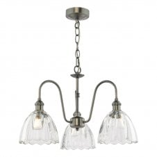 a chrome, vintage-inspired, three arm ceiling pendant with bell shaped, scallop edged glass shades 