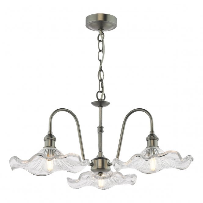 HADANO 3 Light Antique Chrome Pendant with Wavy Edge Glass Shades