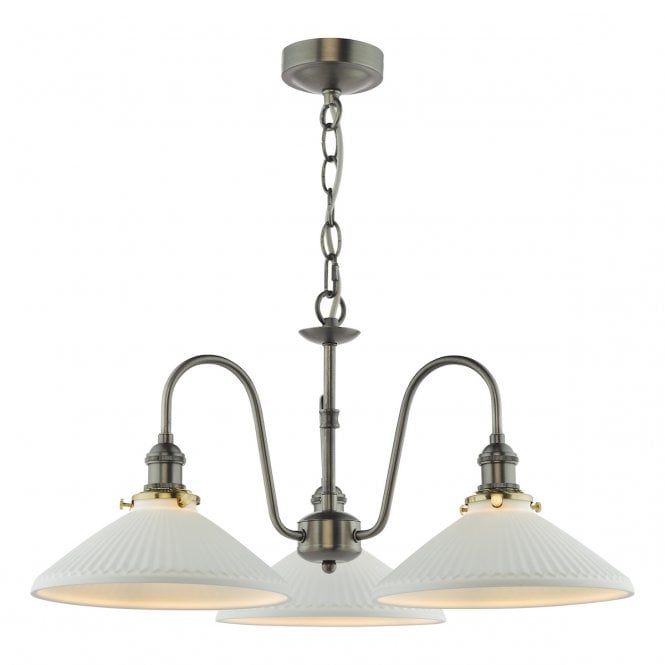 HADANO 3 Light Antique Chrome Pendant with White Ceramic Shallow Shades