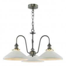 a traditional, vintage-inspired three arm pendant light with white ceraic shades with ribbed detail