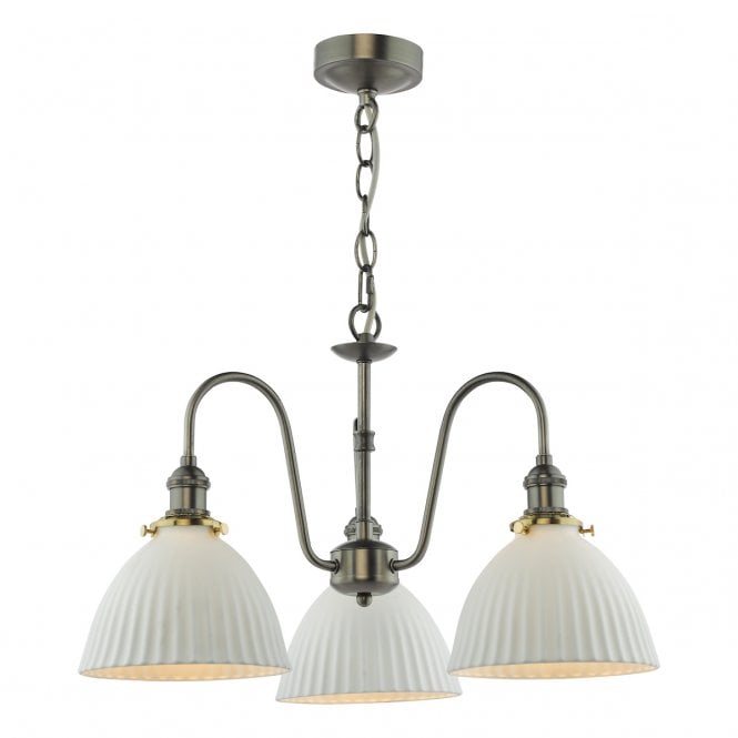 HADANO 3 Light Antique Chrome Pendant with White Domed Ceramic Shades