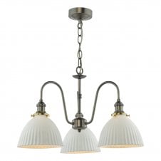 traditional, vintage-inspired three arm pendant light for ceilings with white, ceramic domed shaped shades