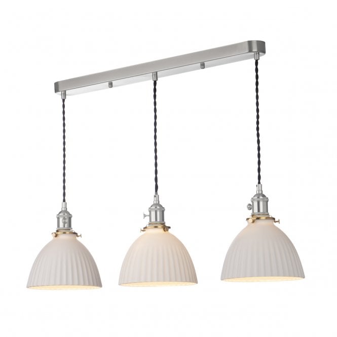 HADANO 3 Light Bar Pendant in Antique Chrome with Ceramic Domed Shade