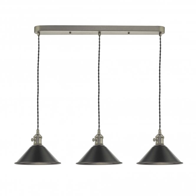 HADANO 3 Light Ceiling Pendant Bar in Antique Chrome With Antique Pewter Shades
