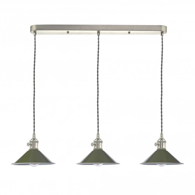 HADANO 3 Light Ceiling Pendant Bar in Antique Chrome With Olive Green Shades