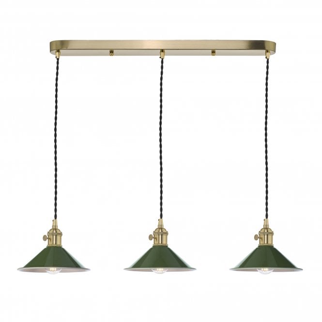 HADANO 3 Light Ceiling Pendant Bar in Brass With Olive Green Shades