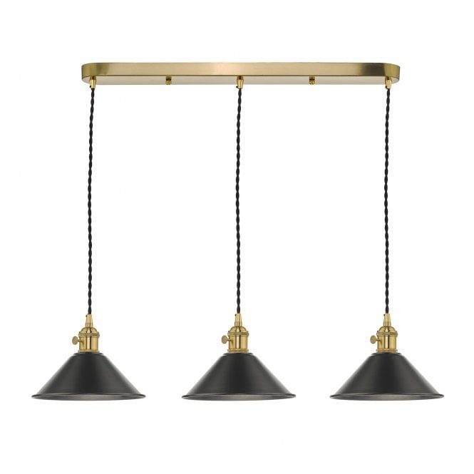 HADANO 3 Light Ceiling Pendant Bar in Natural Brass With Antique Pewter Shades