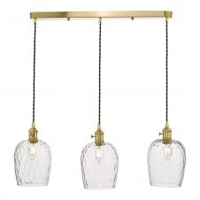 HADANO 3 Light Ceiling Pendant Bar Natural Brass With Dimpled Glass Shades