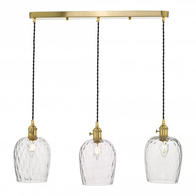 HADANO 3 Light Ceiling Pendant Bar Natural Brass With Dimpled Glass Shades