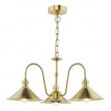 a vintage inspired, three arm, brass pendant light with aged brass shades