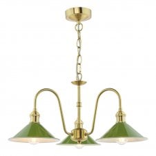 a traditional three arm ceiling pendant light in brass with green shades