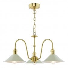 A traditional ceiling pendant in natural brass with matt taupe conical shades 