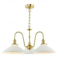 brass three arm ceiling pendant with white ceramic ribbed shades