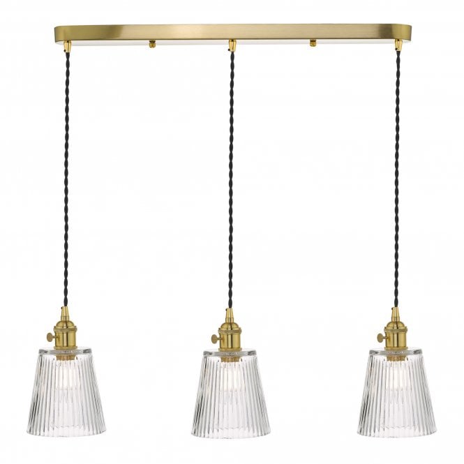HADANO 3 Light Suspension Natural Brass With Ribbed Glass Shades