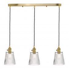 3 Light Ceiling Pendant Bar Brass Ribbed Glass Shades