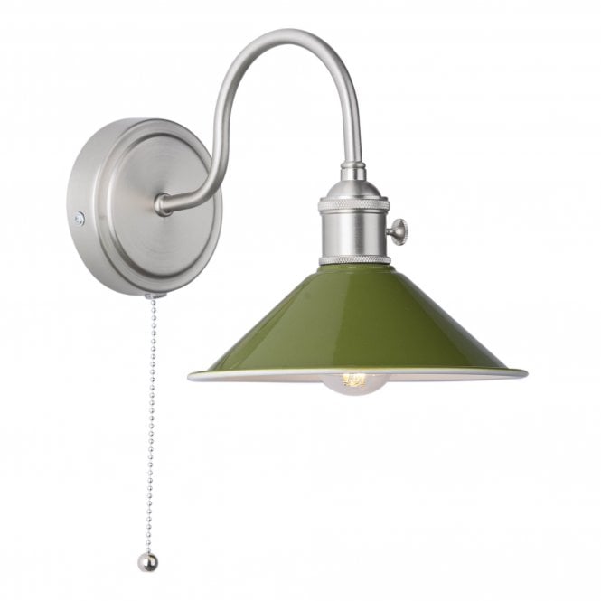 HADANO Switched Wall Light in Antique Chrome With With Olive Green Shade