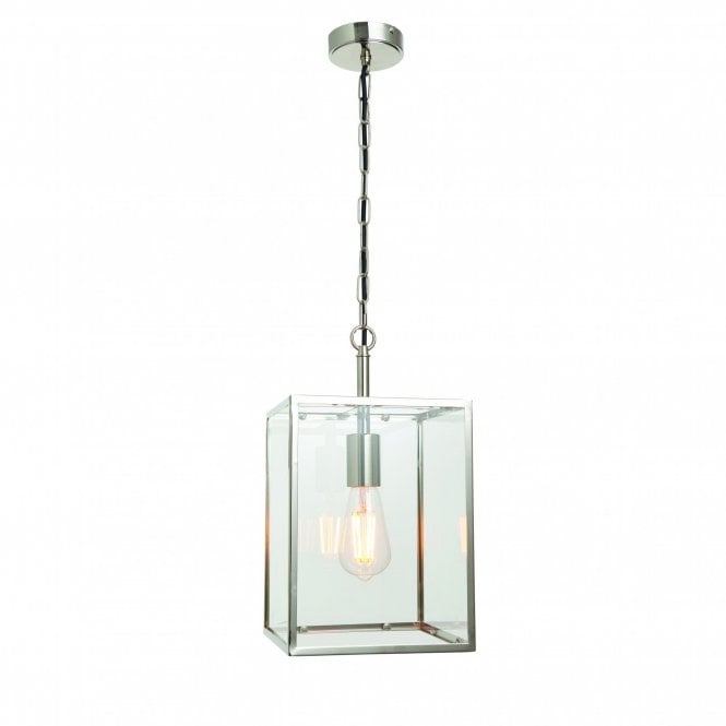 HADDEN box lantern ceiling pendant in bright nickel with clear glass