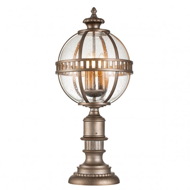 HALLERON 3 Light Pedestal Lantern In Brass, Aluminium And Clear Seeded Glass