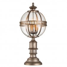 HALLERON 3 Light Pedestal Lantern In Brass, Aluminium And Clear Seeded Glass
